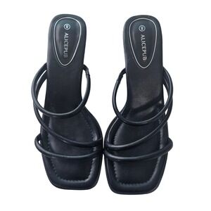 ALICEPUB Black Square Toe Slide Sandals Block Heel Strappy Women Size 8 Open Toe